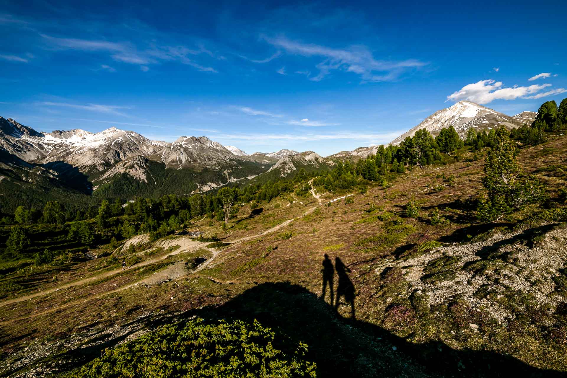 Landschaft am Hochzeitstag Weite Landschaft mit Wiesen und Bergen unter blauem Himmel